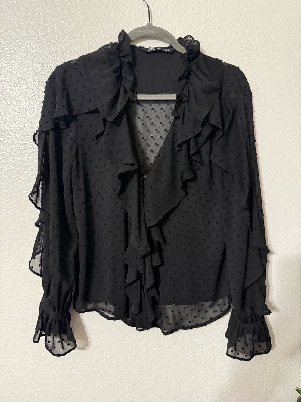 Zara Black Swiss Dot Ruffle Blouse Size M - Picture 2 of 4
